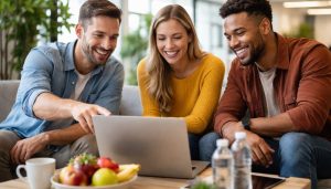 Collègues heureux autour d'un ordinateur