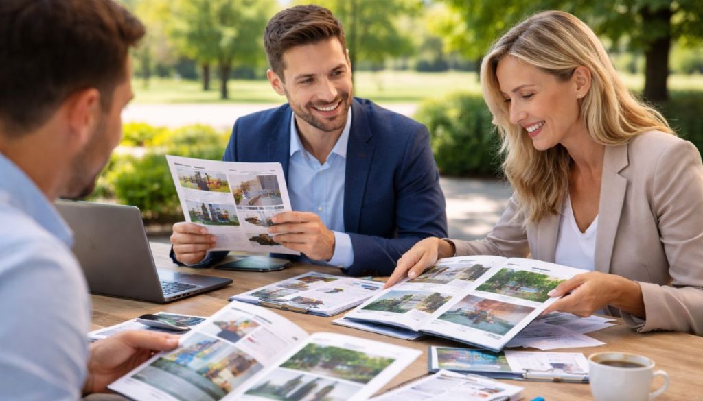 Réunion extérieure avec brochures professionnelles