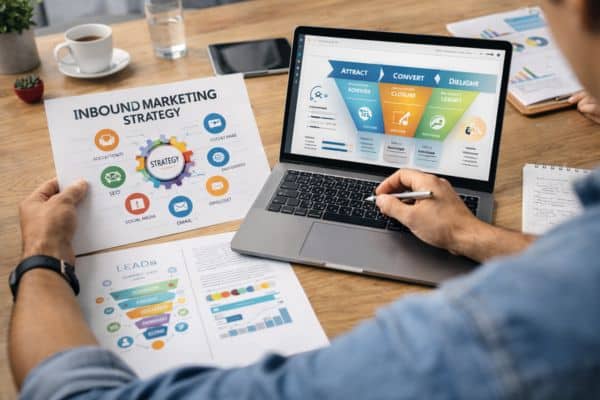 Stratégie marketing sur un bureau en bois