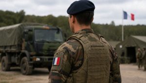 Soldat devant le camp militaire