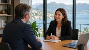 Réunion professionnelle avec vue sur lac