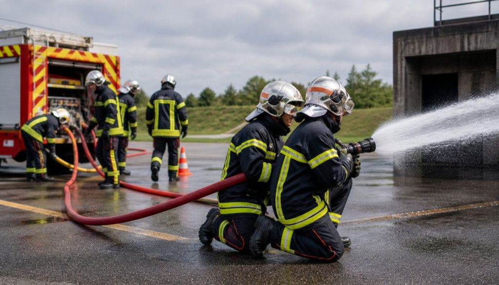 Entraînement des pompiers sous ciel nuageux