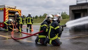 Entraînement des pompiers sous ciel nuageux