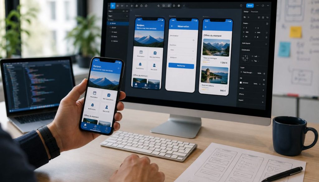 Bureau de designer avec prototypes d'application