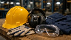 Équipement de protection sur une table en bois