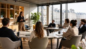 Réunion collaborative dans un bureau lumineux