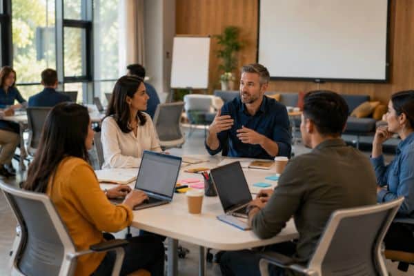 Réunion collaborative dans une salle moderne