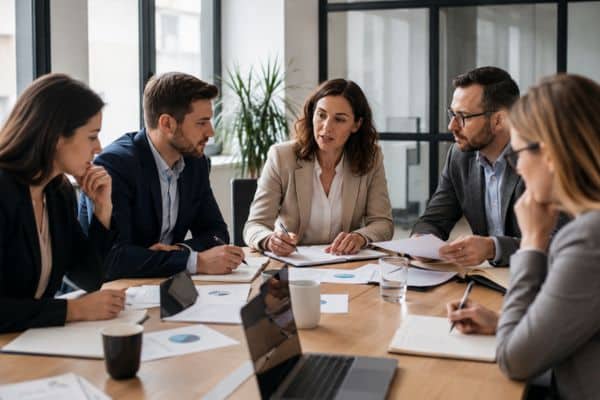Réunion professionnelle dans une salle moderne