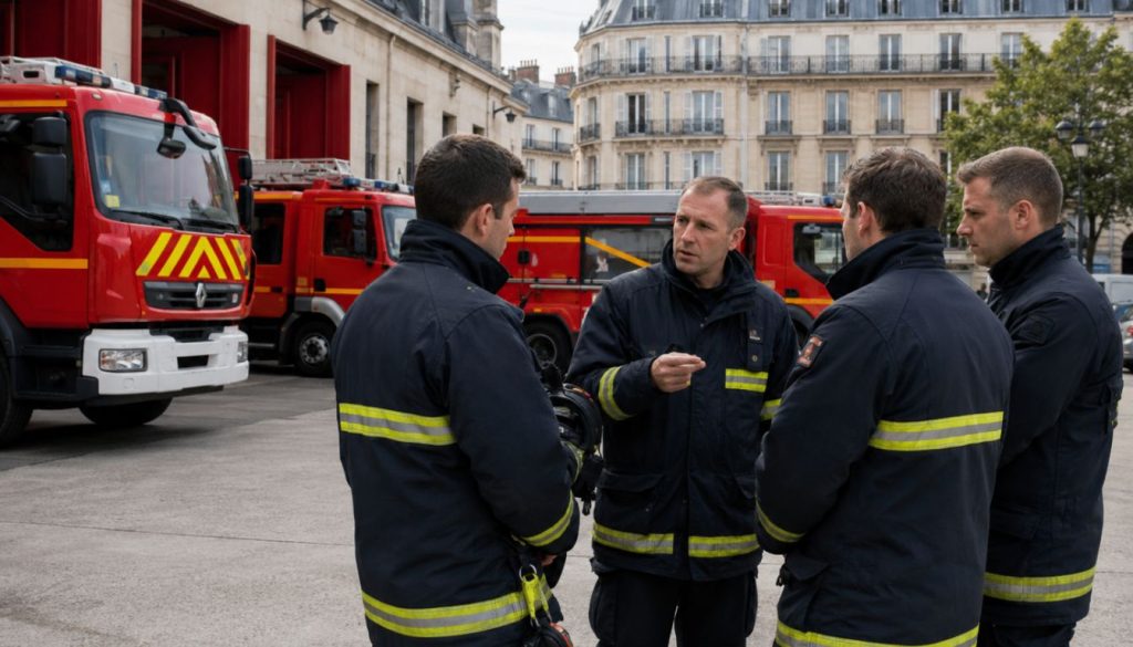 Pompiers en discussion devant la caserne