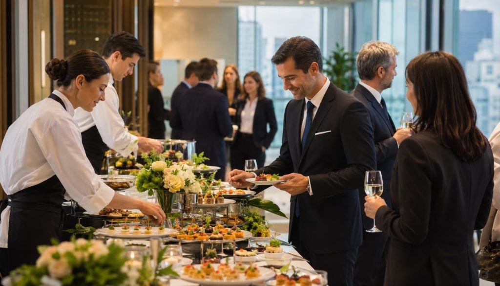 Réception élégante avec buffet et invités